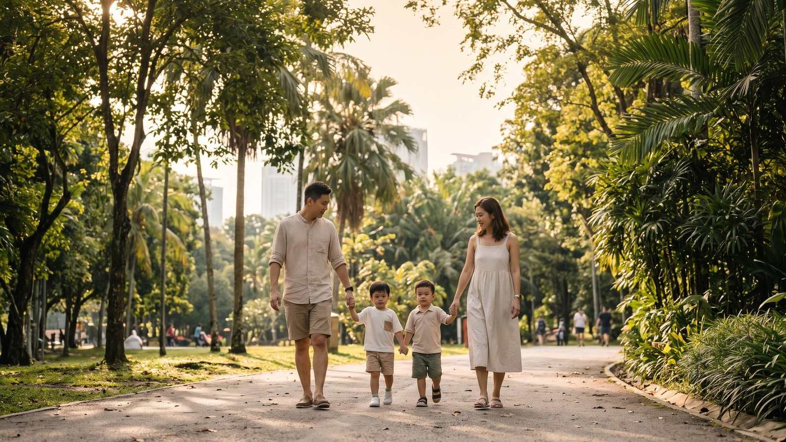 Malaysian Chinese family walking hand in hand along a tree-lined city park path on a weekend morning.