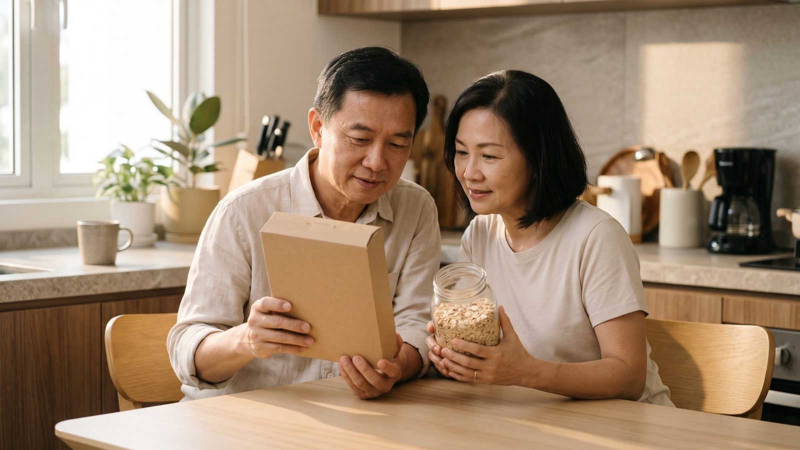 Couple in their fifties reading the back of a food package together at a kitchen table.