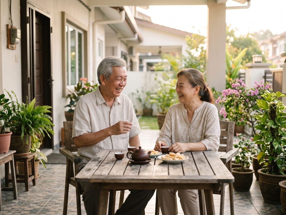 Malaysian Chinese grandparents laughing over Chinese tea on the porch of their terrace house.
