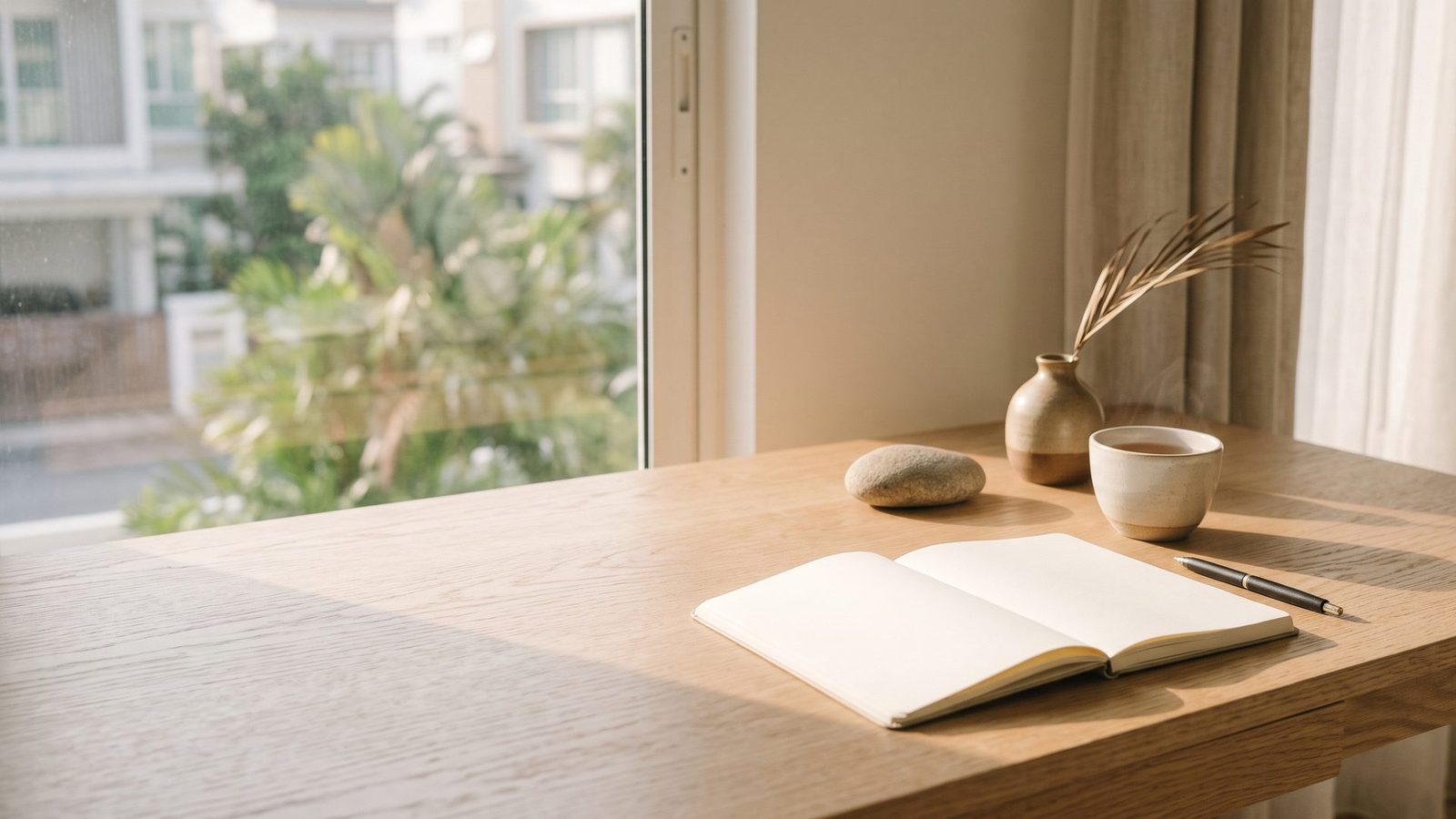 Tidy wooden desk by a window with an open notebook, pen and a cup of tea.