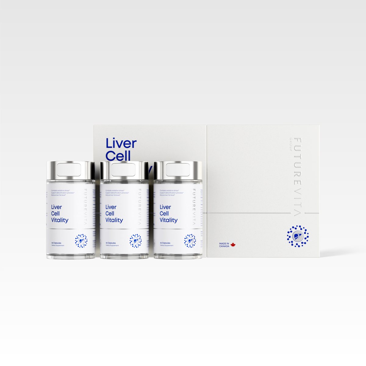 Three FutureVita Liver Cell Vitality bottles in front of their box