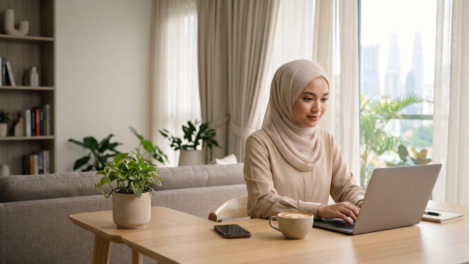 Young Malay woman in a hijab working on a laptop at a desk by a sunny apartment window.