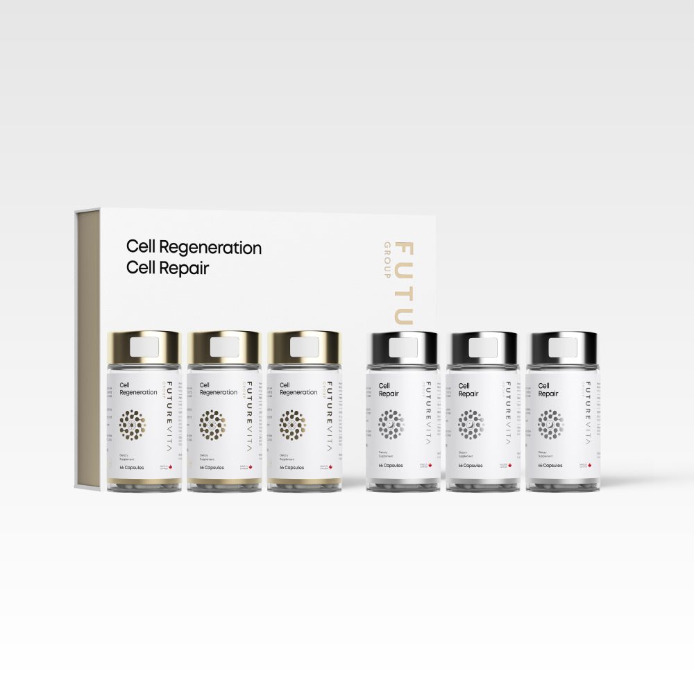 FutureVita Cell Regeneration and Cell Repair bottles with their box, the listed six-bottle morning and evening set
