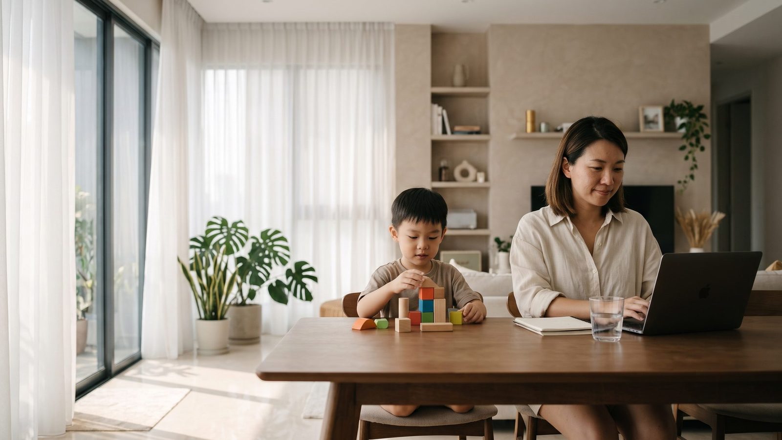 Malaysian Chinese mother working on a laptop at home while her young son plays with blocks beside her.