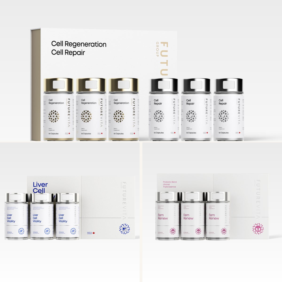 FutureVita product range: the six-bottle Cell Regeneration and Cell Repair set, the Liver Cell Vitality set and the women's product set