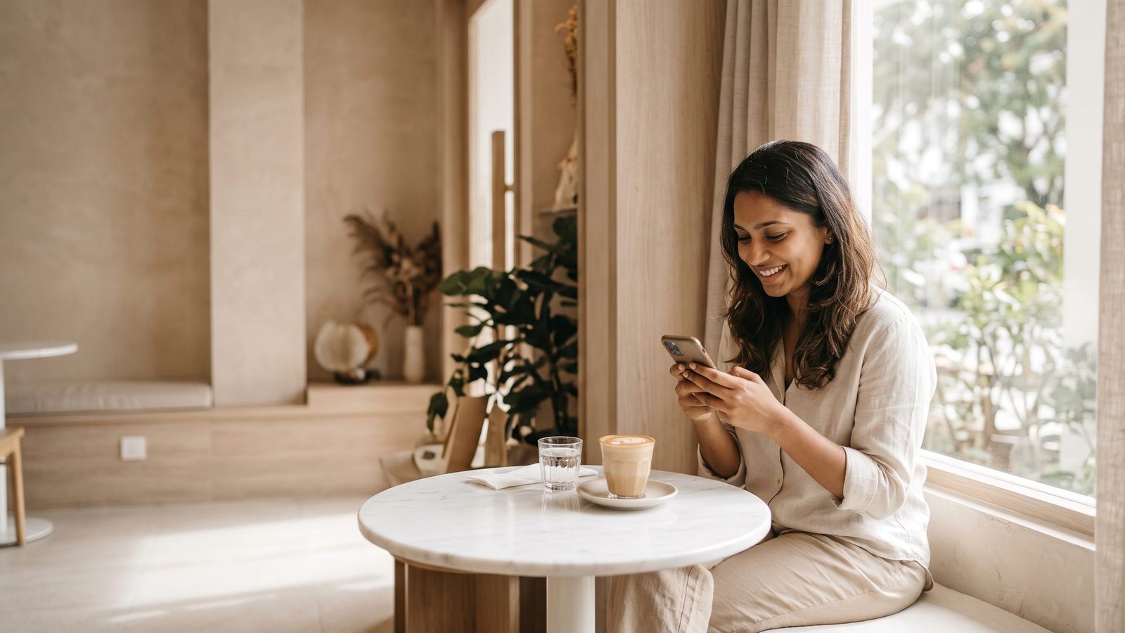 Indian Malaysian woman smiling while messaging on her phone at a cafe window seat.