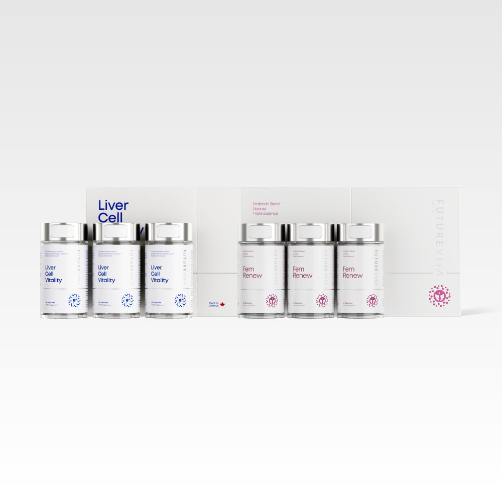 One three-bottle box of the FutureVita women's product and one three-bottle box of Liver Cell Vitality