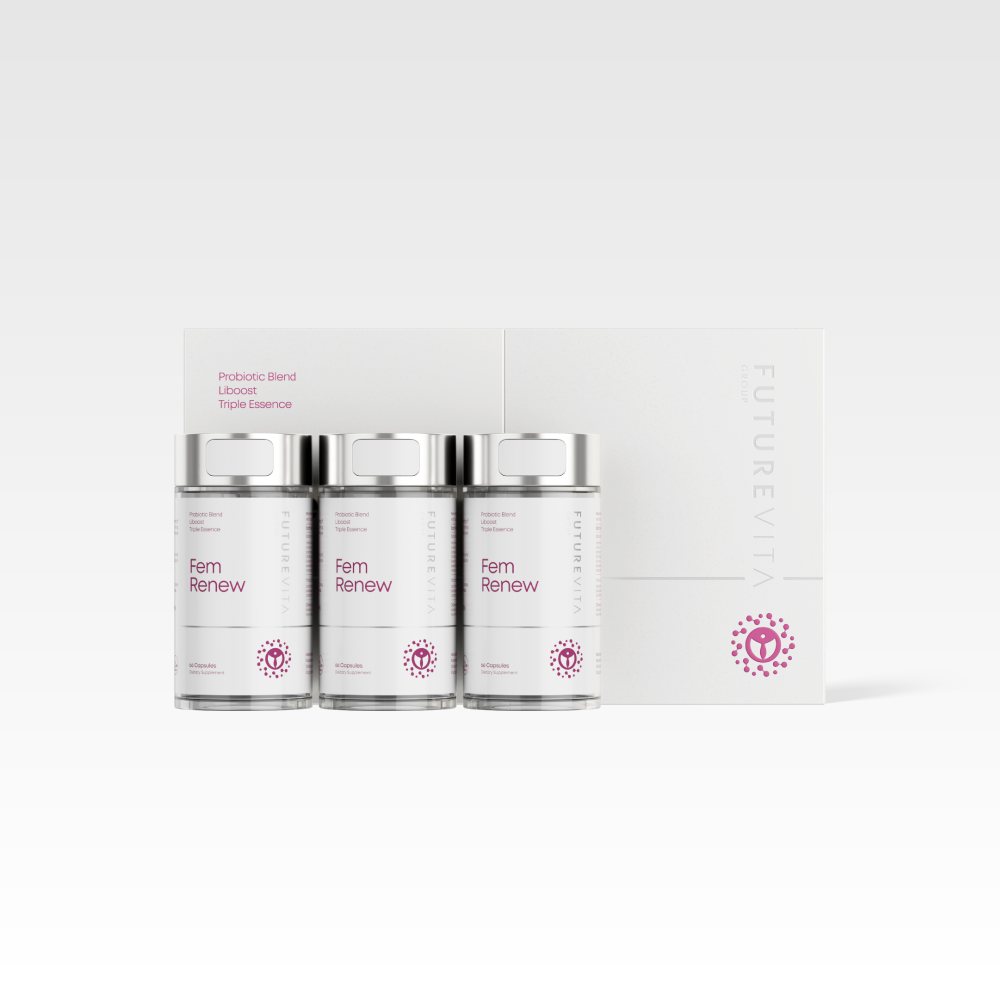 Three bottles of the FutureVita women's product, labelled Fem Renew, with their box